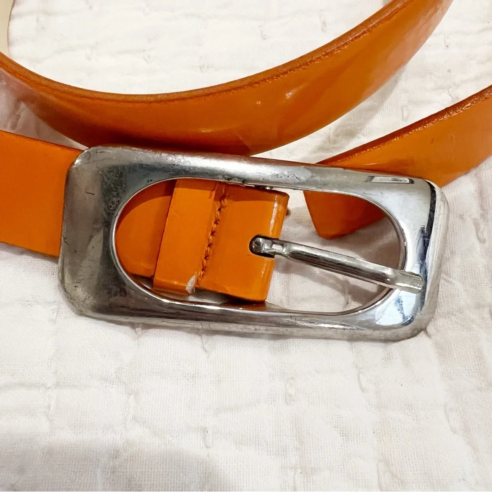 Motivi Belt Womens 34 Orange Silver Buckle Shiny Patent Faux Leather Retro Italy
